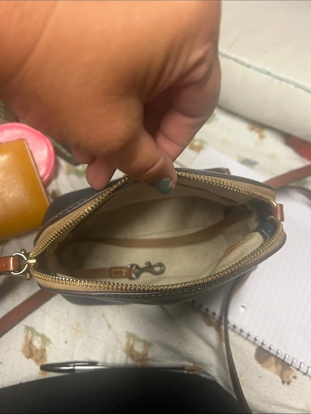 DOONEY AND BOURKE Teal Pebbled Leather Crossbody Bag with Tan Trim